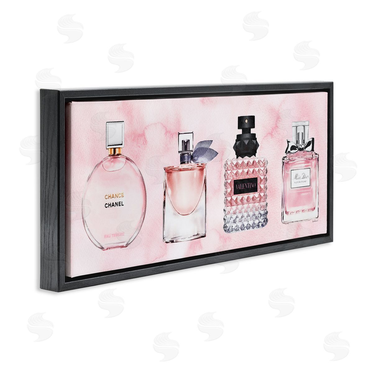 Pink Fashion Fragrance Bottles Black Floating Frame Canvas Wall Art, Home Decor by Amanda Greenwood