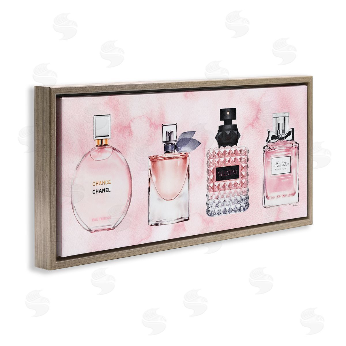 Pink Fashion Fragrance Bottles Brown Floating Frame Canvas Wall Art, Home Decor by Amanda Greenwood