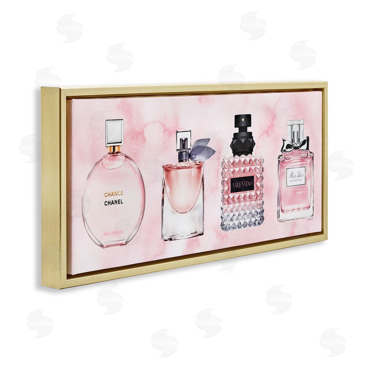 Pink Fashion Fragrance Bottles Gold Floating Frame Canvas Wall Art, Home Decor by Amanda Greenwood