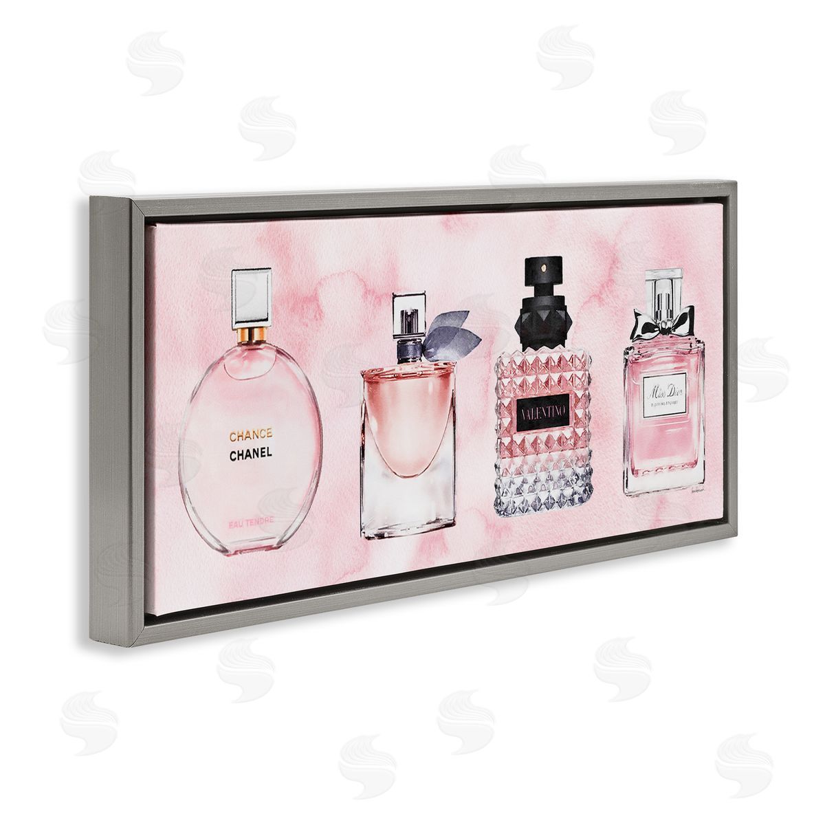 Pink Fashion Fragrance Bottles Grey Floating Frame Canvas Wall Art, Home Decor by Amanda Greenwood
