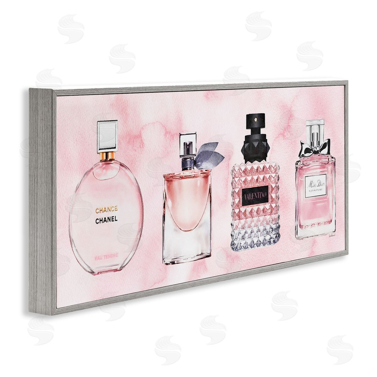 Pink Fashion Fragrance Bottles Grey Frame Print Wall Art, Home Decor by Amanda Greenwood