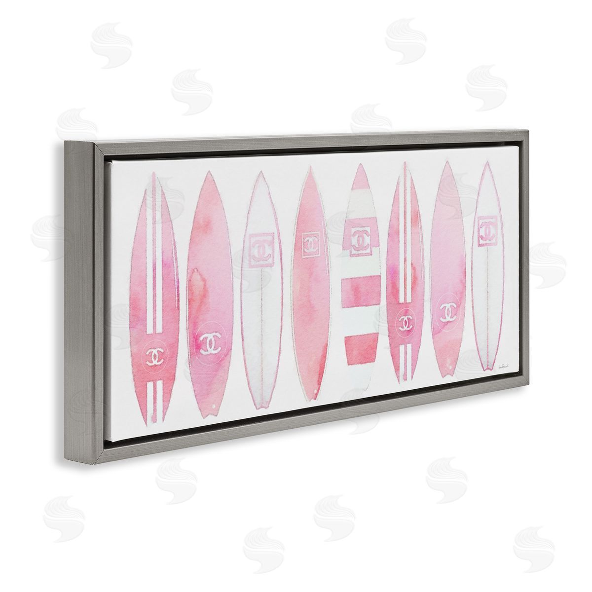 Nautical Glam Fashion Surfboards Grey Floating Frame Canvas Wall Art, Home Decor by Amanda Greenwood