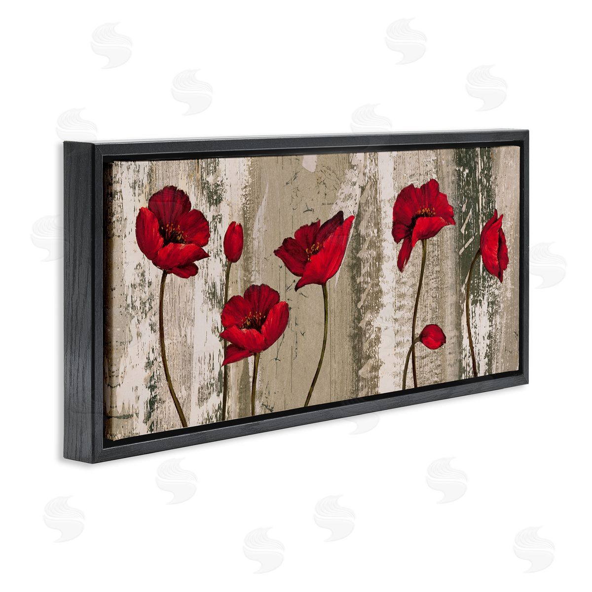 Red Poppies Rustic Pattern Black Floating Frame Canvas Wall Art, Home Decor by Brian Francis