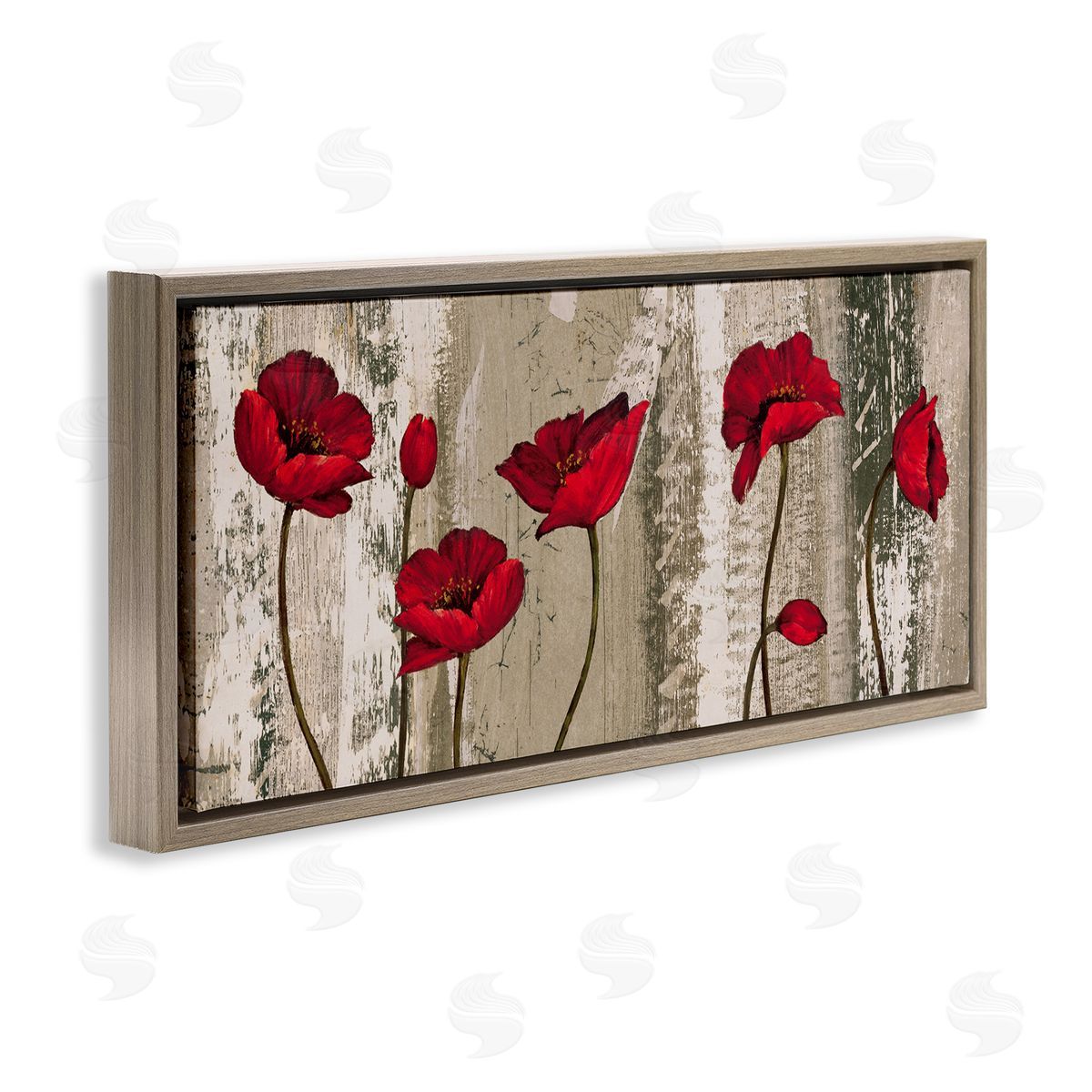 Red Poppies Rustic Pattern Brown Floating Frame Canvas Wall Art, Home Decor by Brian Francis