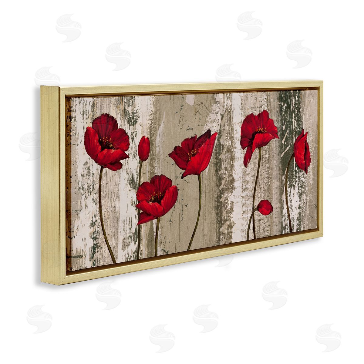 Red Poppies Rustic Pattern Gold Floating Frame Canvas Wall Art, Home Decor by Brian Francis