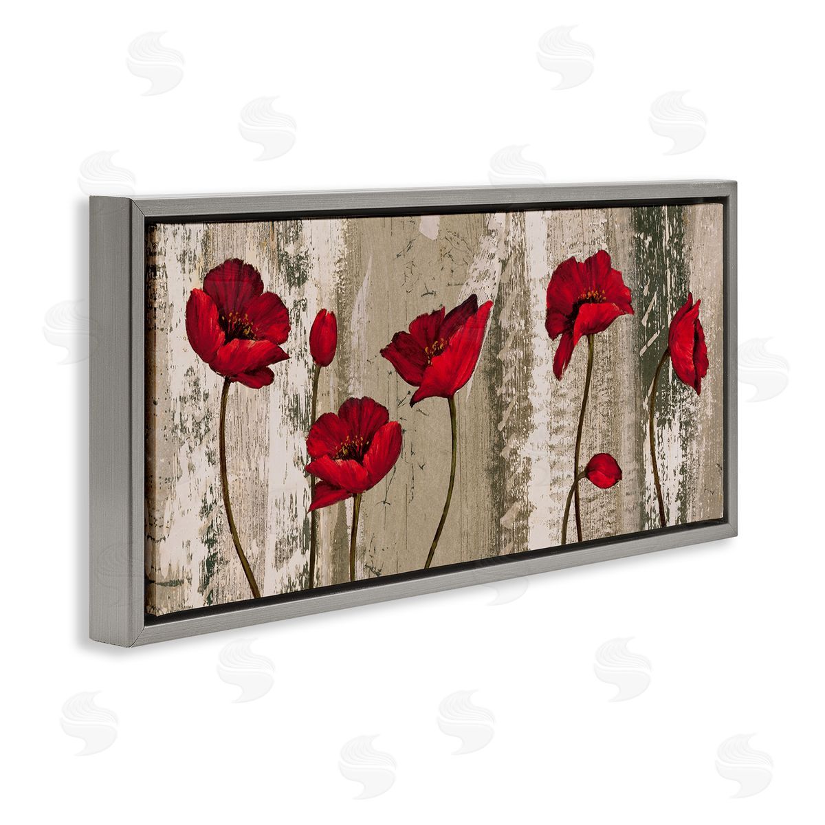 Red Poppies Rustic Pattern Grey Floating Frame Canvas Wall Art, Home Decor by Brian Francis
