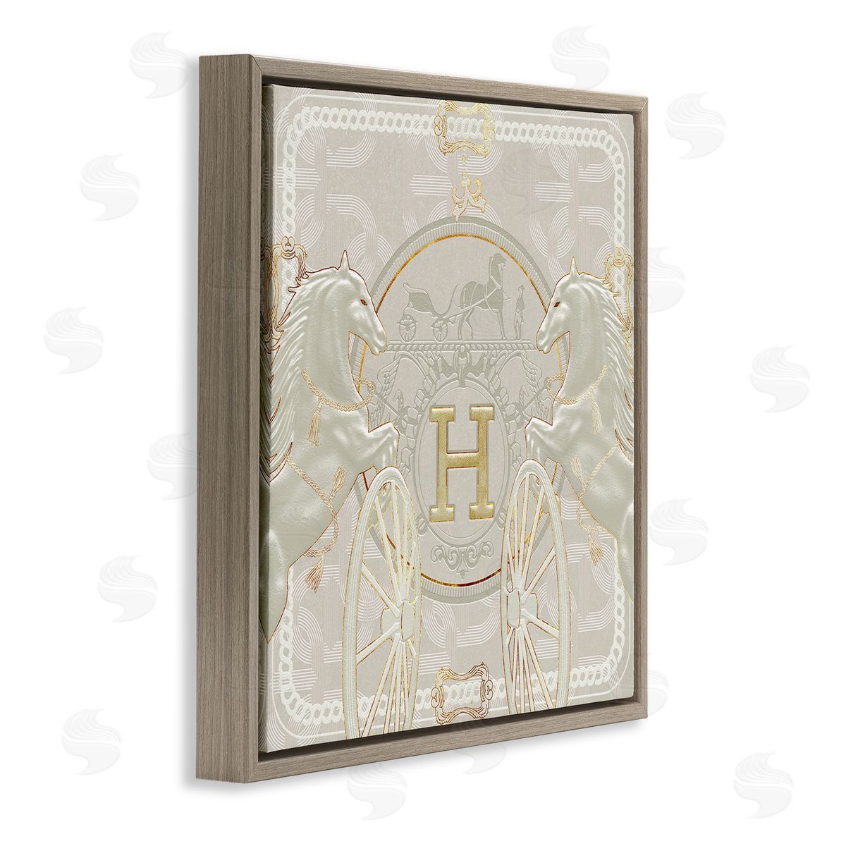 Ziwei Li Regal Horses Fashion Brand White Gold Brown Floater Frame Canvas Art