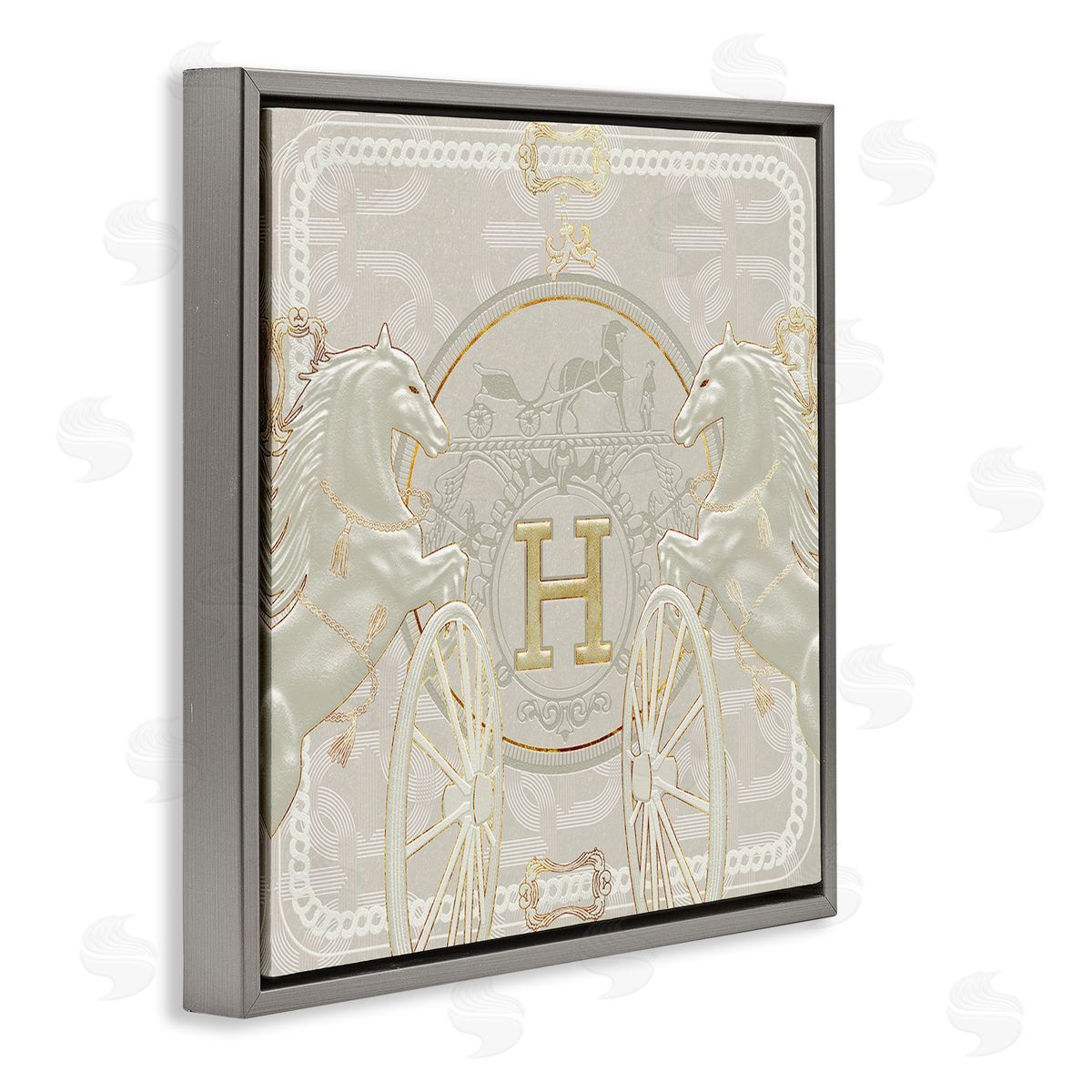 Ziwei Li Regal Horses Fashion Brand White Gold Gray Floater Frame Canvas Art
