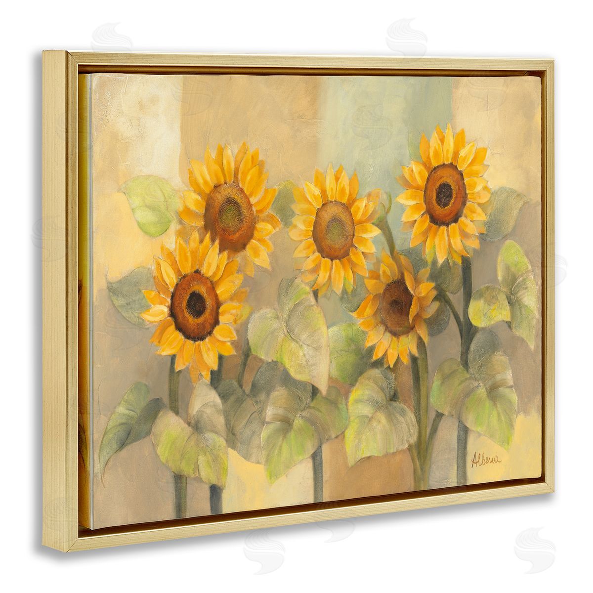 Albena Hristova Soft Vintage Sunflower Field Gold Floater Frame Canvas Art