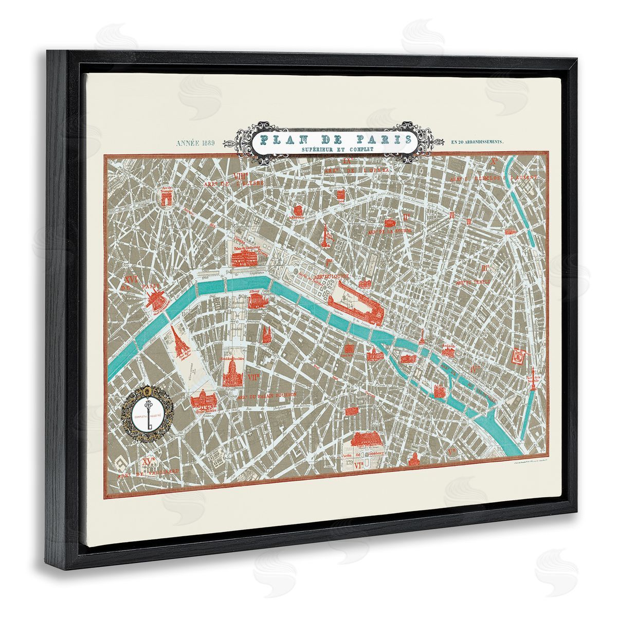 Sue Schlabach Vintage Parisian Map Seine River Black Floater Frame Canvas Art