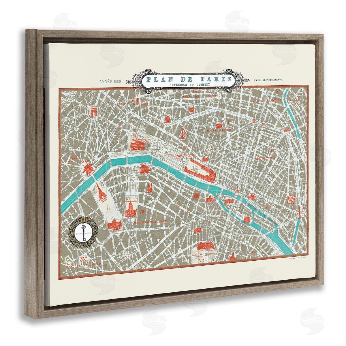 Sue Schlabach Vintage Parisian Map Seine River Brown Floater Frame Canvas Art