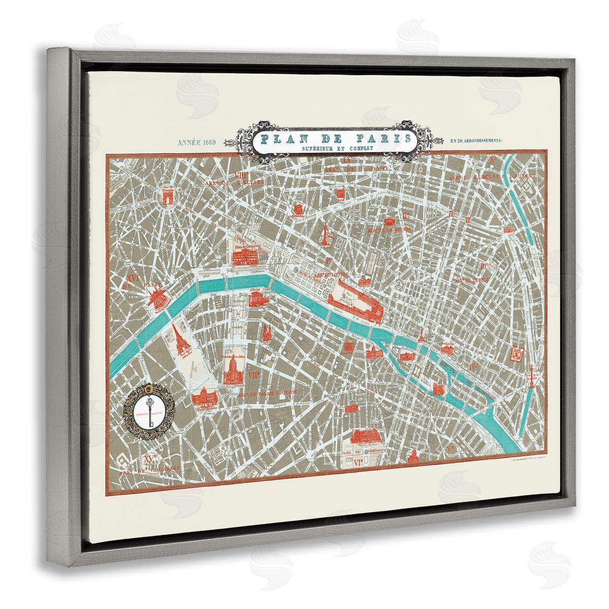 Sue Schlabach Vintage Parisian Map Seine River Gray Floater Frame Canvas Art