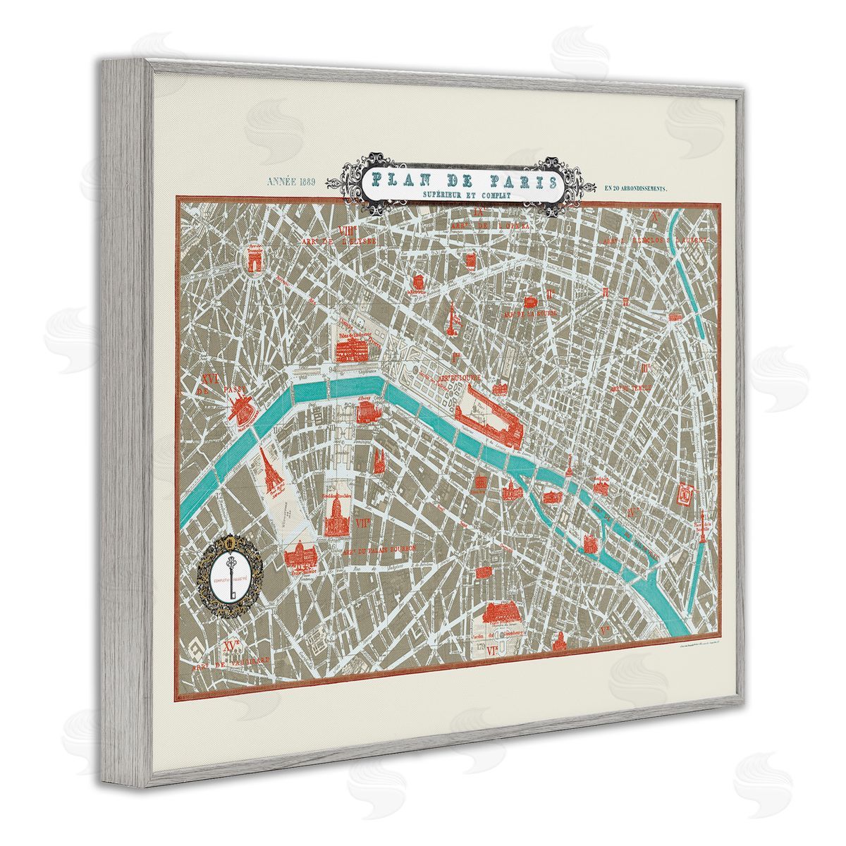 Sue Schlabach Vintage Parisian Map Seine River Gray Framed Giclee Wall Art