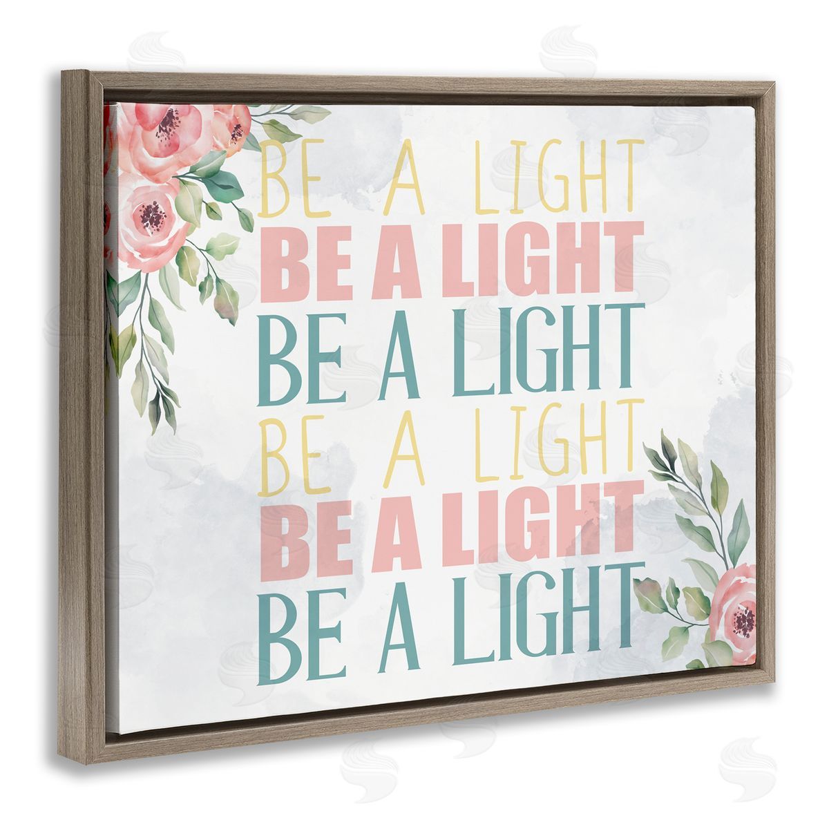 Kim Allen Be A Light Repeated Typography Florals Brown Floater Frame Canvas Art