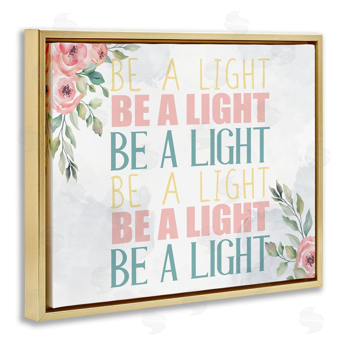 Kim Allen Be A Light Repeated Typography Florals Gold Floater Frame Canvas Art