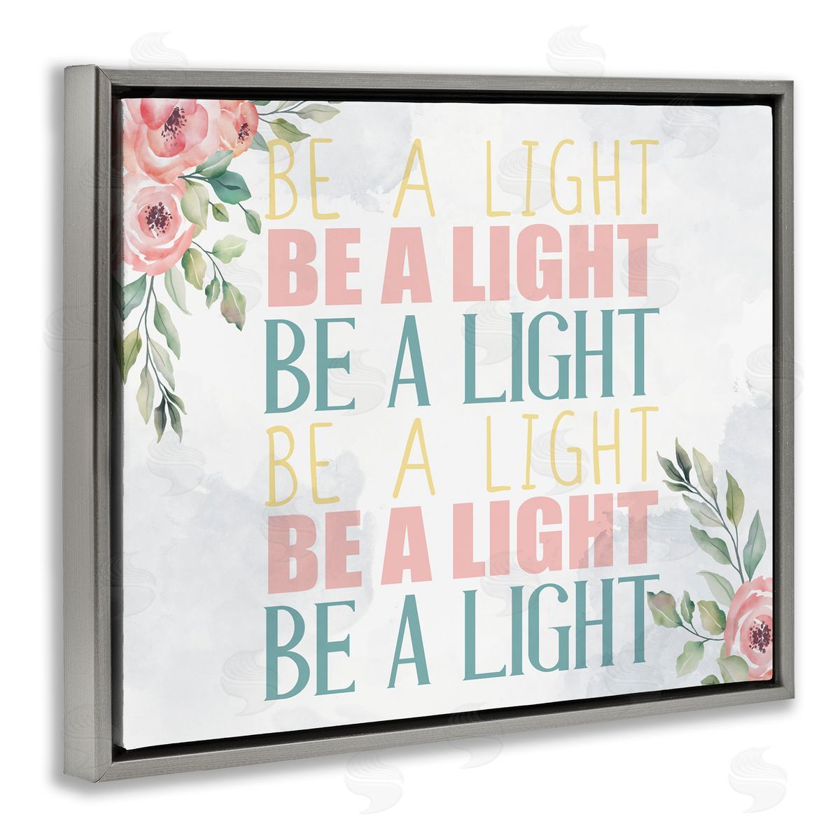 Kim Allen Be A Light Repeated Typography Florals Gray Floater Frame Canvas Art