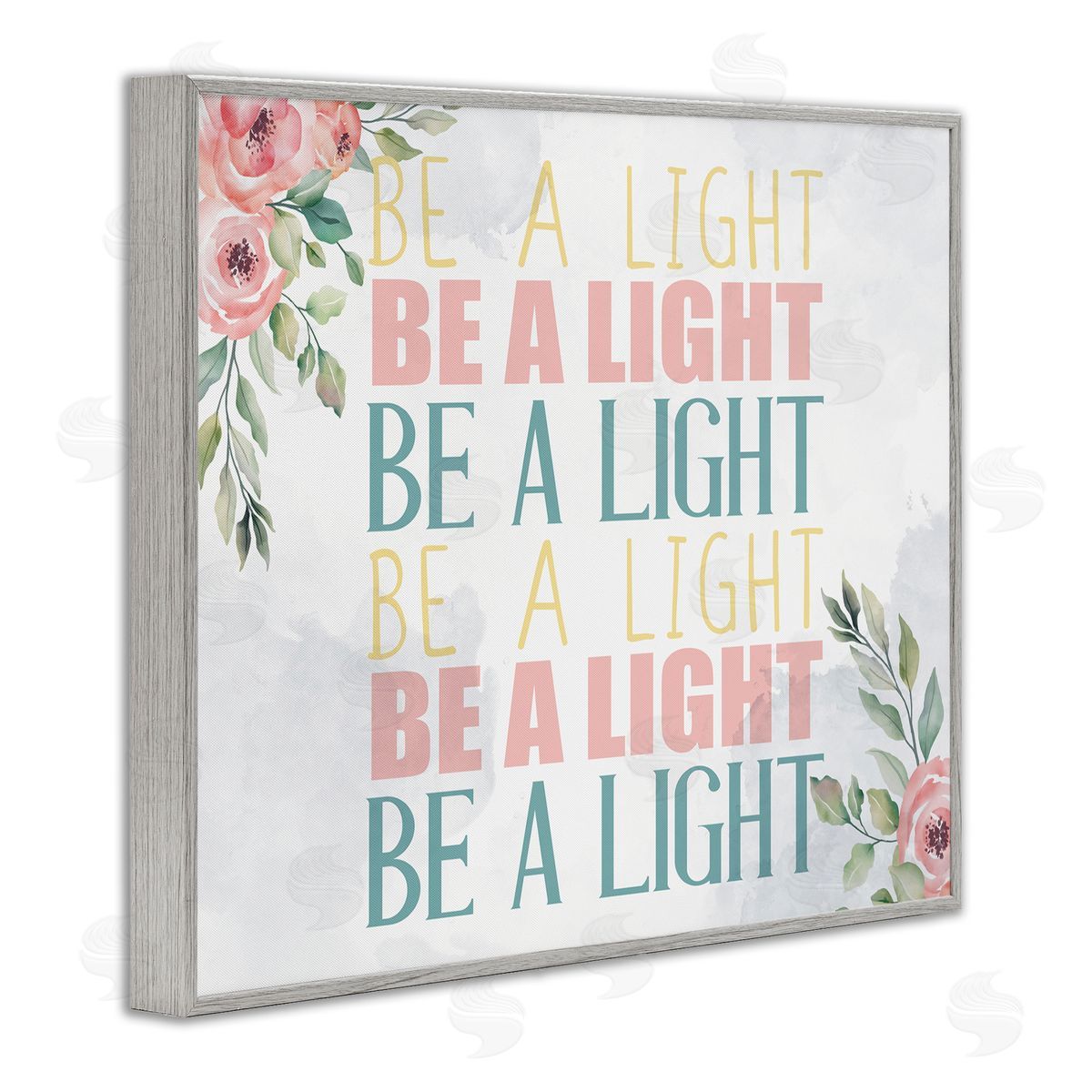 Kim Allen Be A Light Repeated Typography Florals Gray Framed Giclee Wall Art