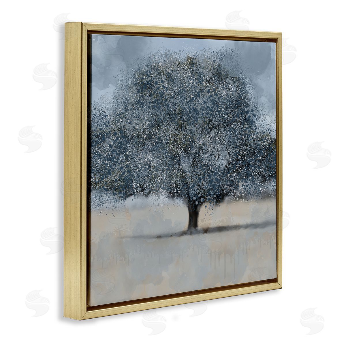 Kim Allen Abstract Blue Splatter Paint Tree Gold Floater Frame Canvas Art