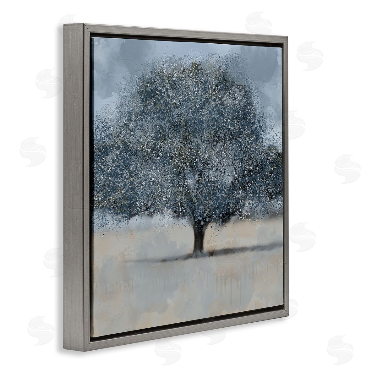 Kim Allen Abstract Blue Splatter Paint Tree Gray Floater Frame Canvas Art
