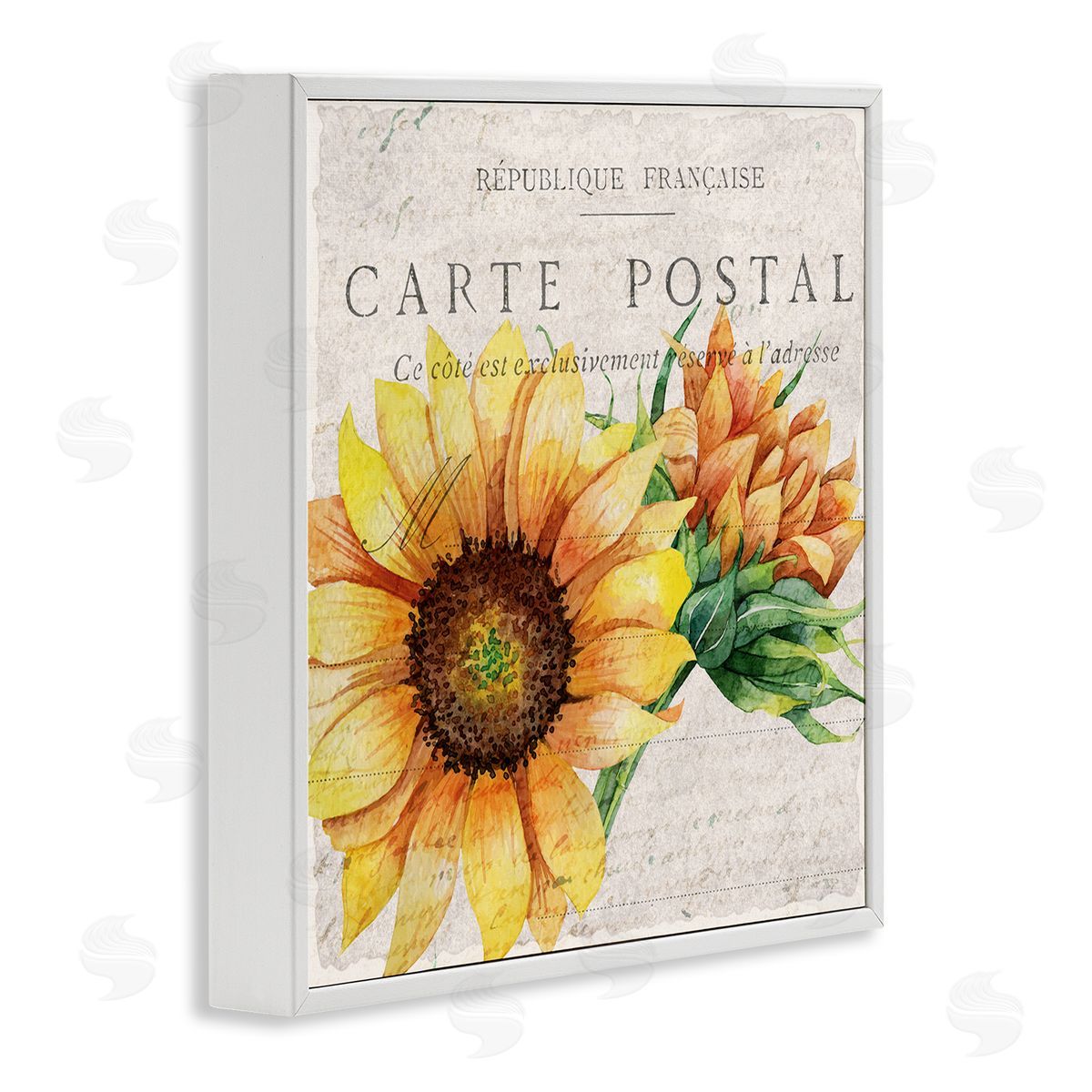 Vintage French Sunflower Postcard White Frame Print Wall Art, Home Decor by Kim Allen