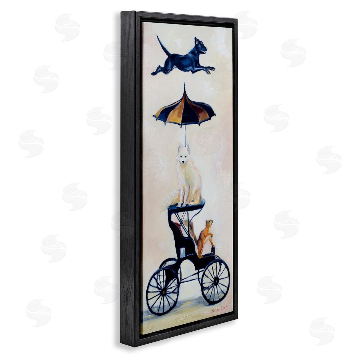 Karen Weber Fine Art Vintage Animal Carriage Dogs and Squirrel Black Floater Frame Canvas Art