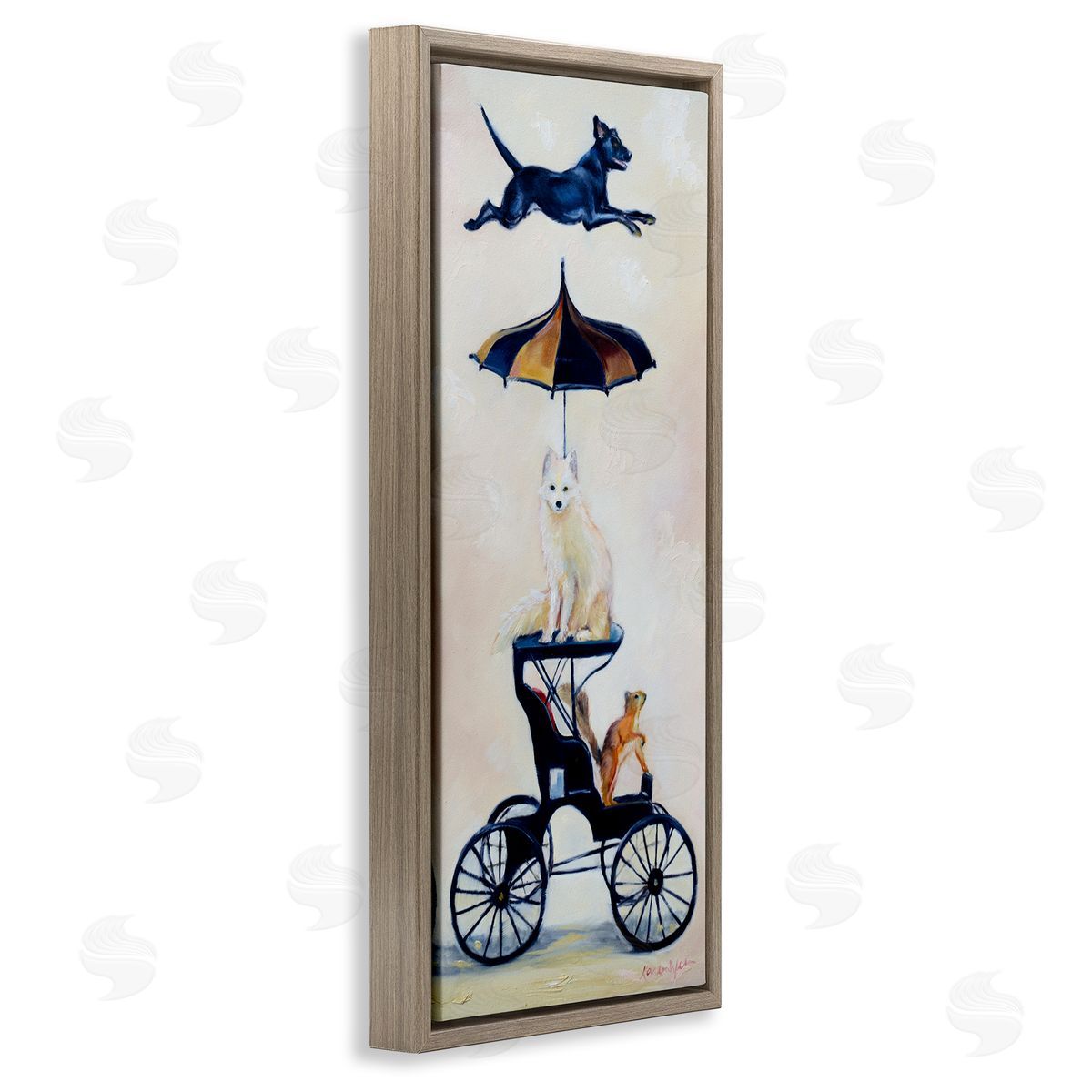 Karen Weber Fine Art Vintage Animal Carriage Dogs and Squirrel Brown Floater Frame Canvas Art