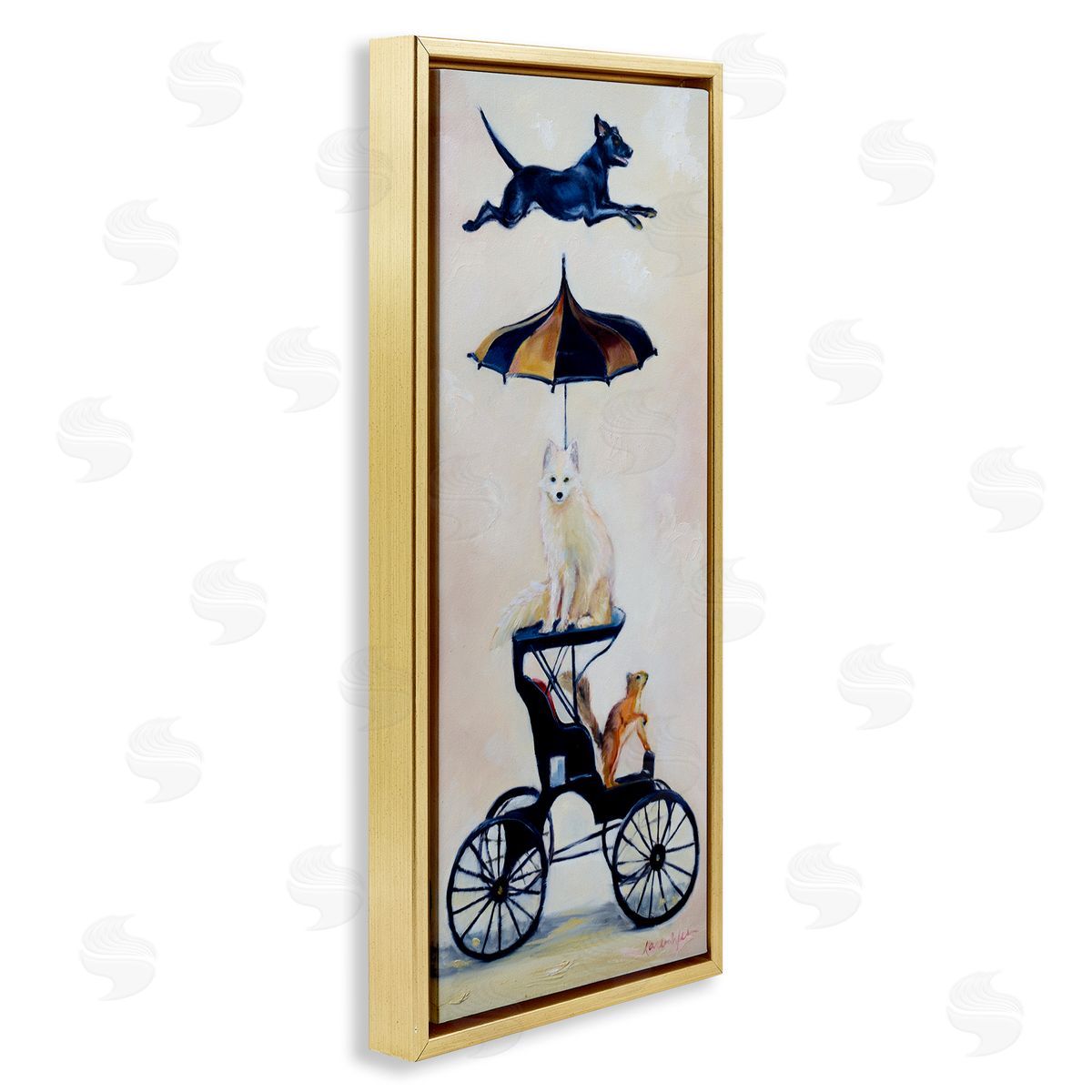 Karen Weber Fine Art Vintage Animal Carriage Dogs and Squirrel Gold Floater Frame Canvas Art