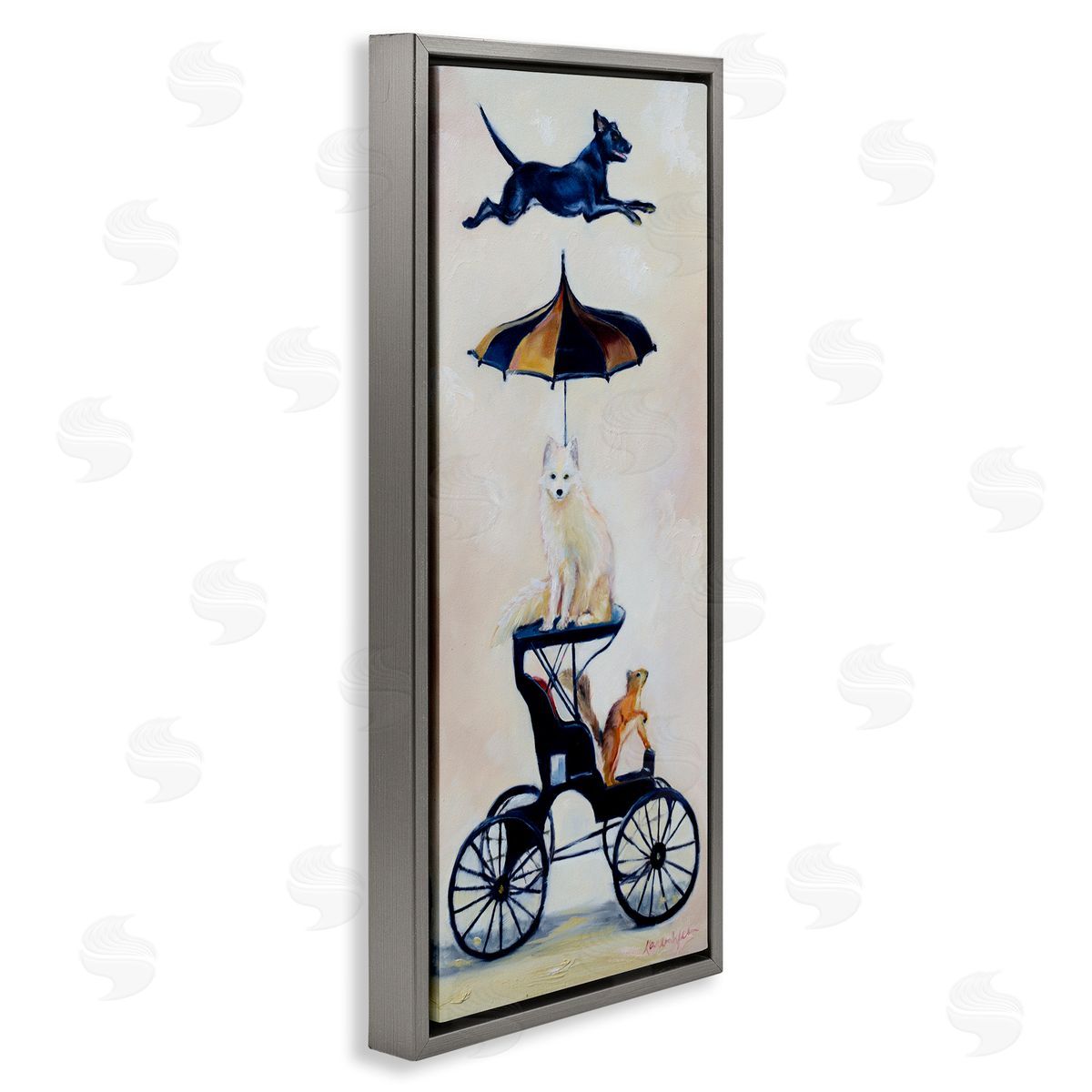 Karen Weber Fine Art Vintage Animal Carriage Dogs and Squirrel Gray Floater Frame Canvas Art