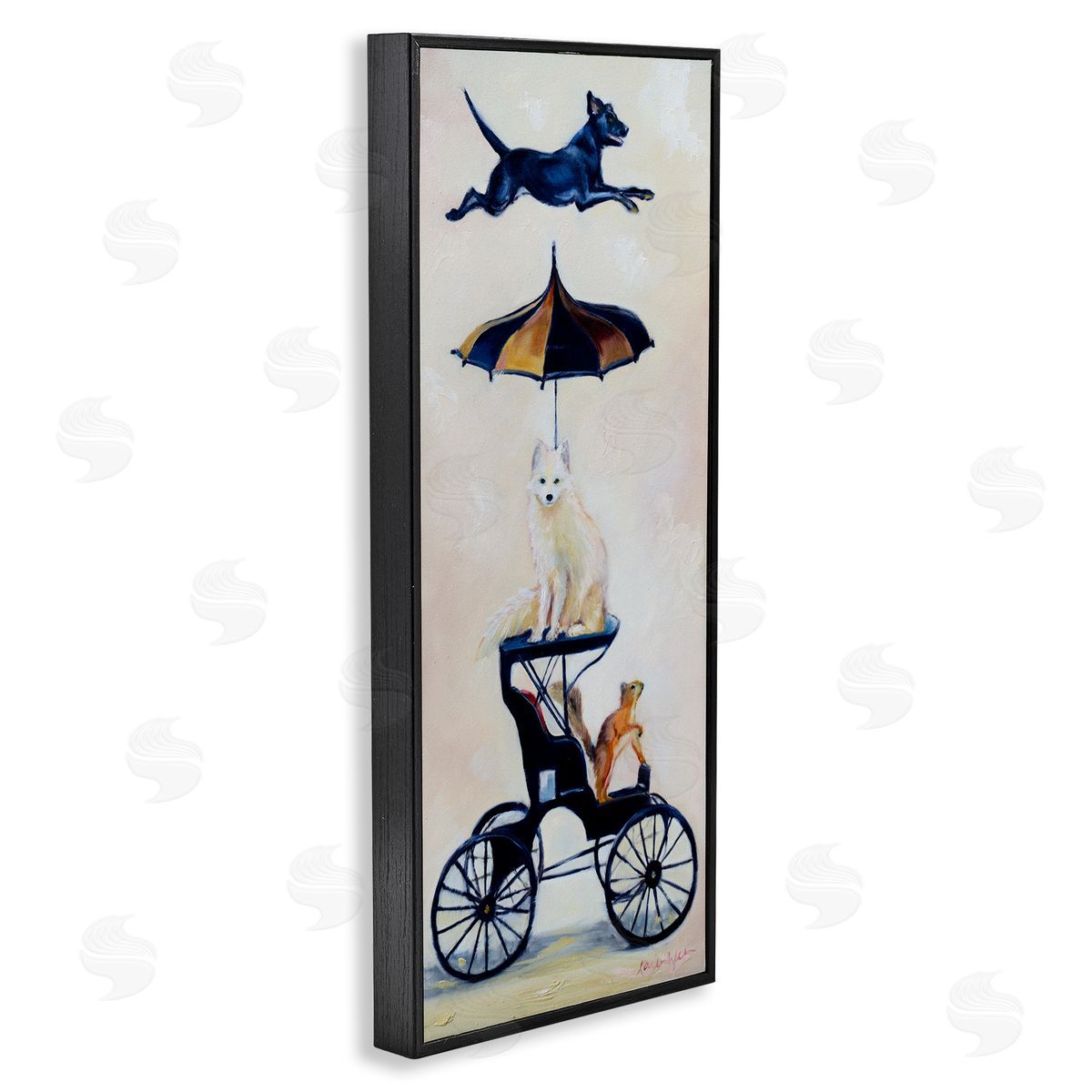 Karen Weber Fine Art Vintage Animal Carriage Dogs and Squirrel Black Framed Giclee Wall Art