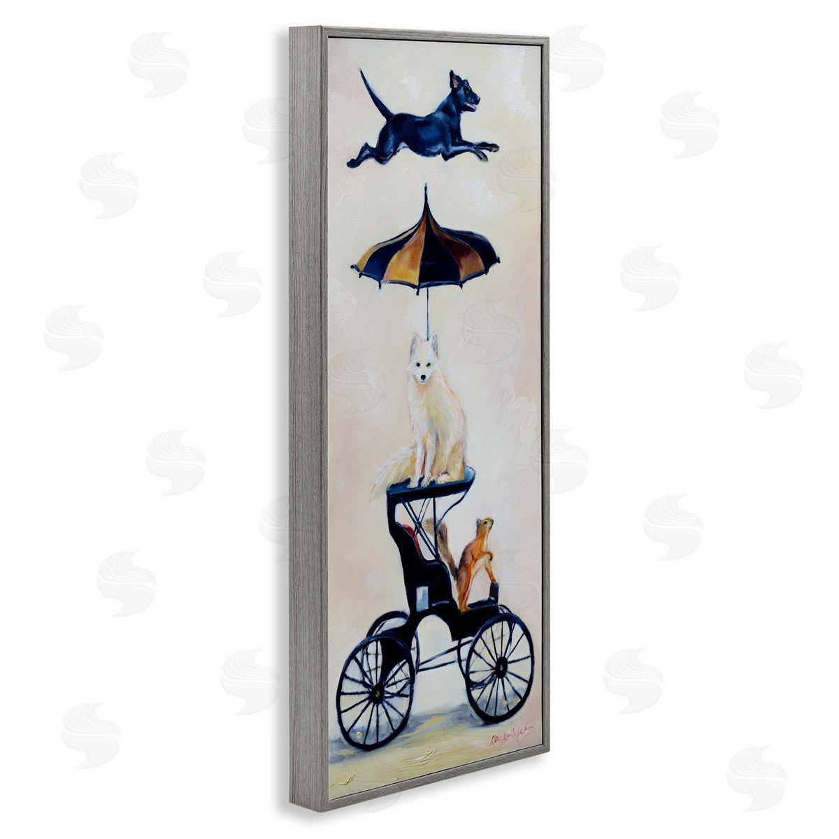 Karen Weber Fine Art Vintage Animal Carriage Dogs and Squirrel Gray Framed Giclee Wall Art