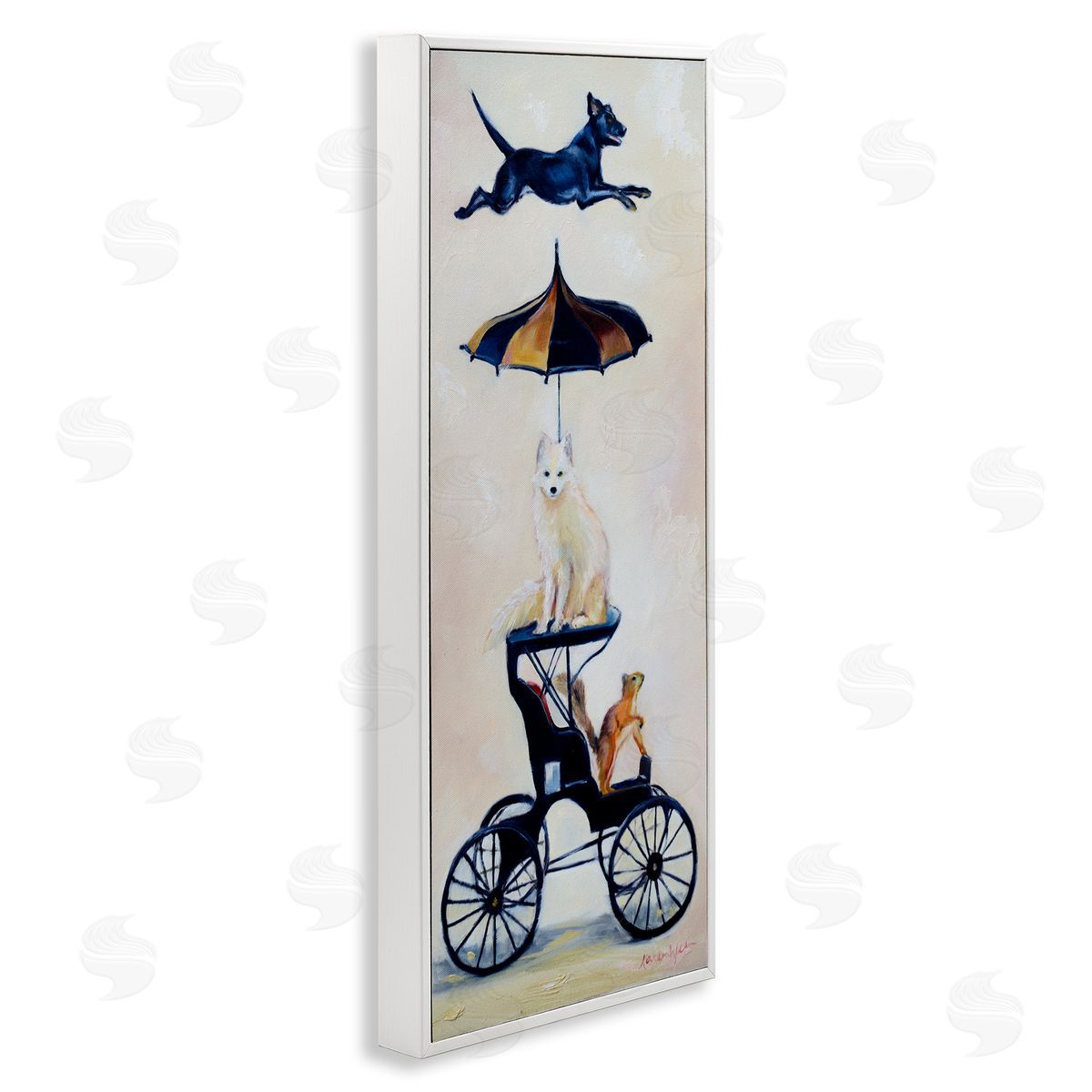 Karen Weber Fine Art Vintage Animal Carriage Dogs and Squirrel White Framed Giclee Wall Art