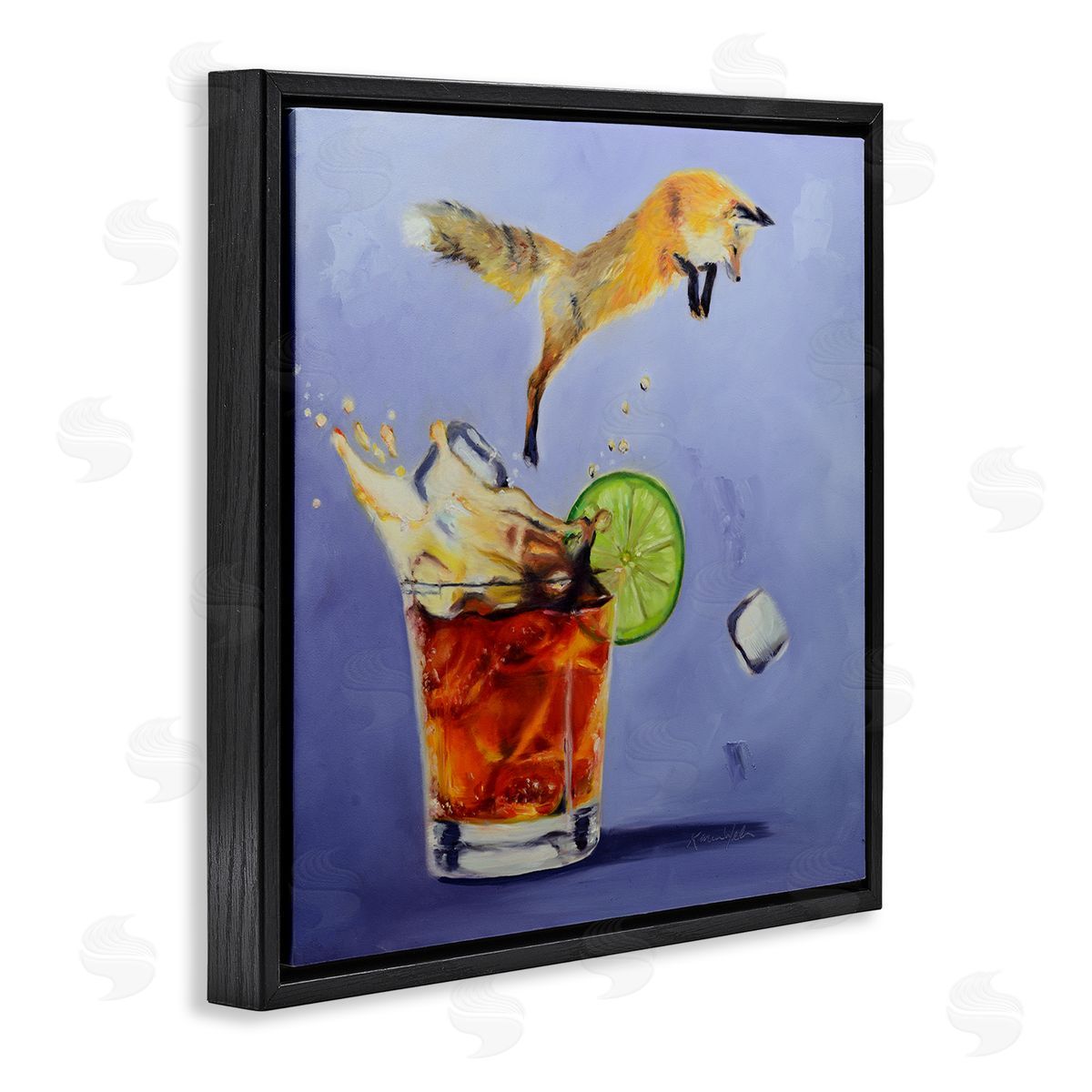 Karen Weber Fine Art Fox Leaping Vintage Cocktail Painting Black Floater Frame Canvas Art