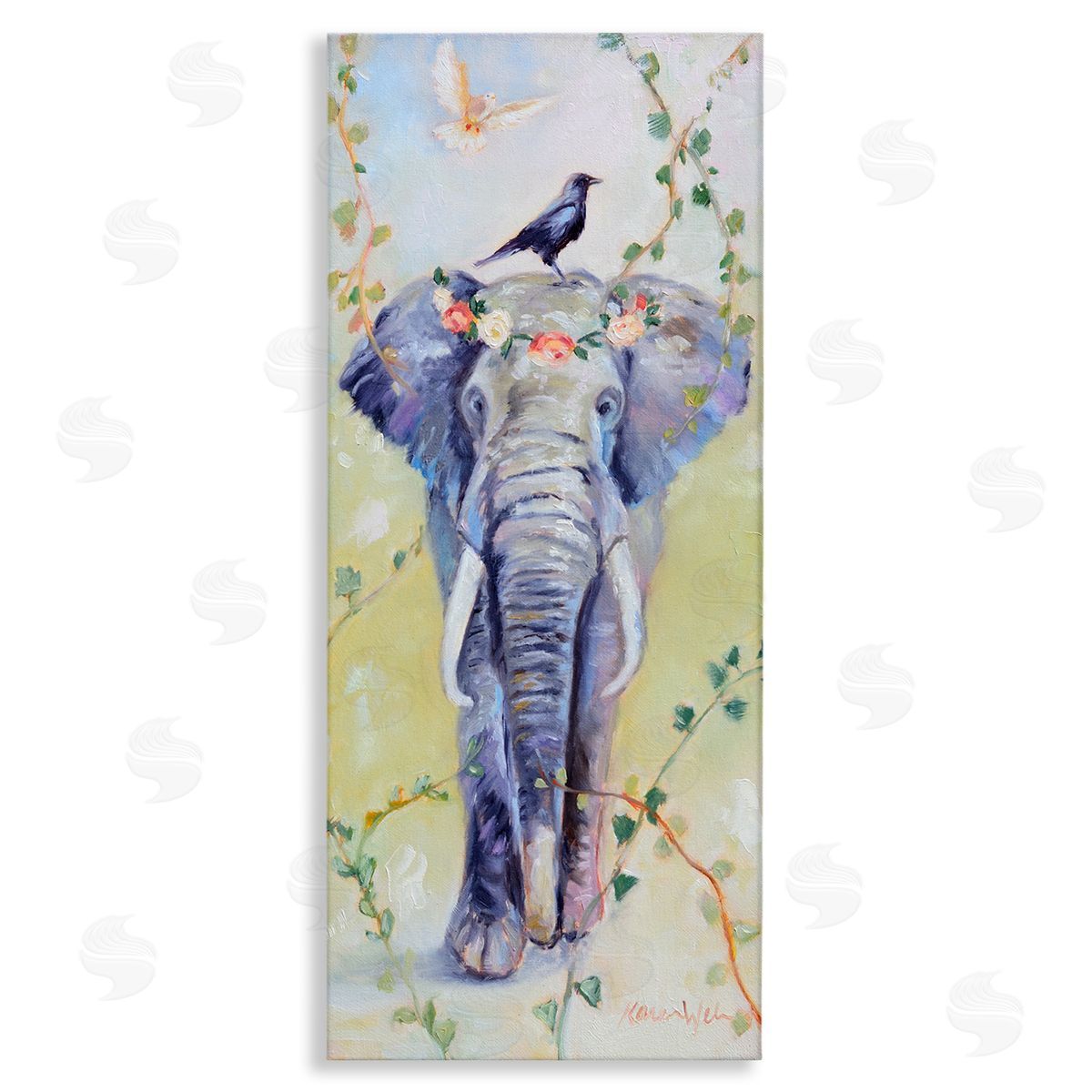 Bohemian Elephant with Green Vines Canvas Wall Art, Home Decor by Karen Weber Fine Art