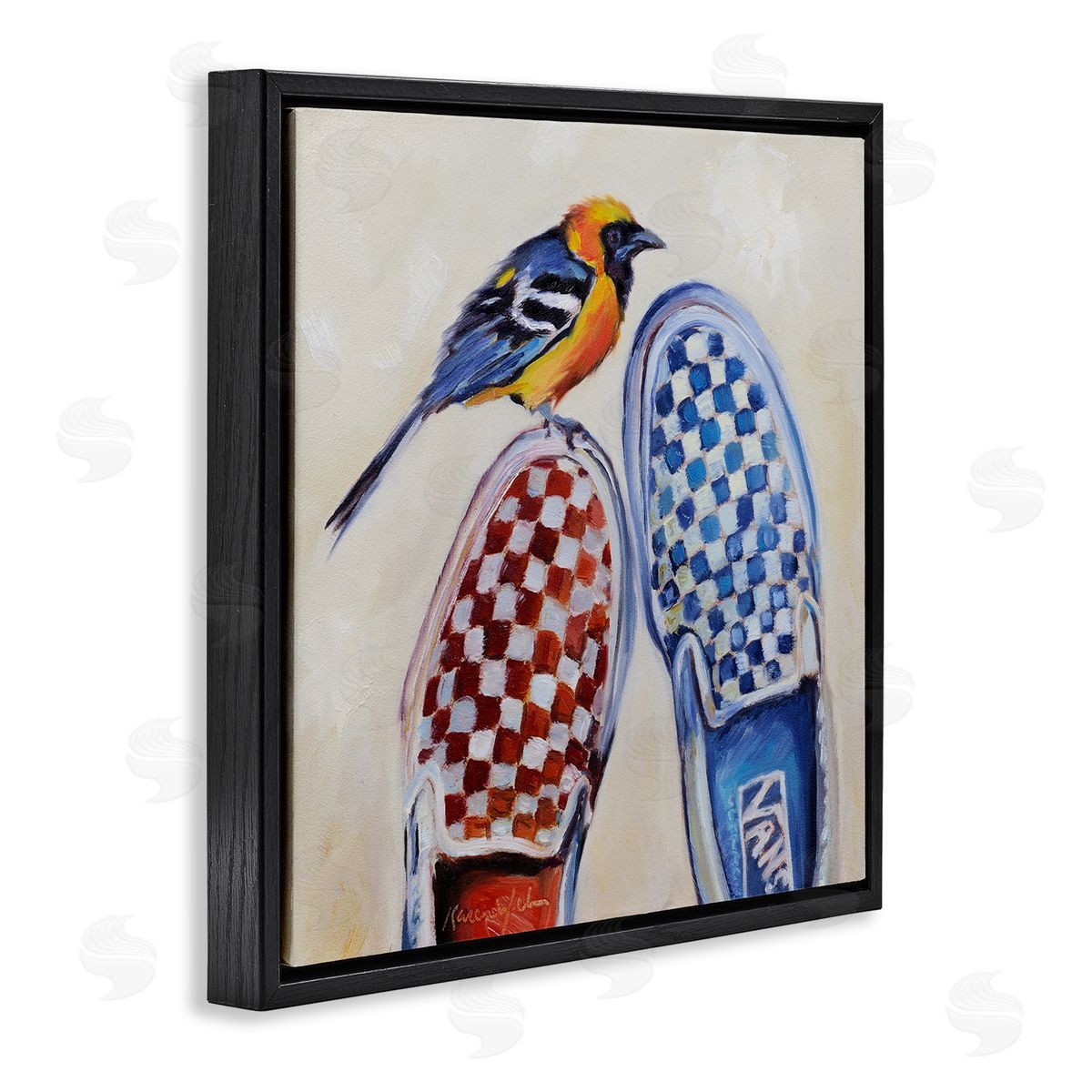 Karen Weber Fine Art Oriole Bird on Vintage Checkered Sneakers Black Floater Frame Canvas Art