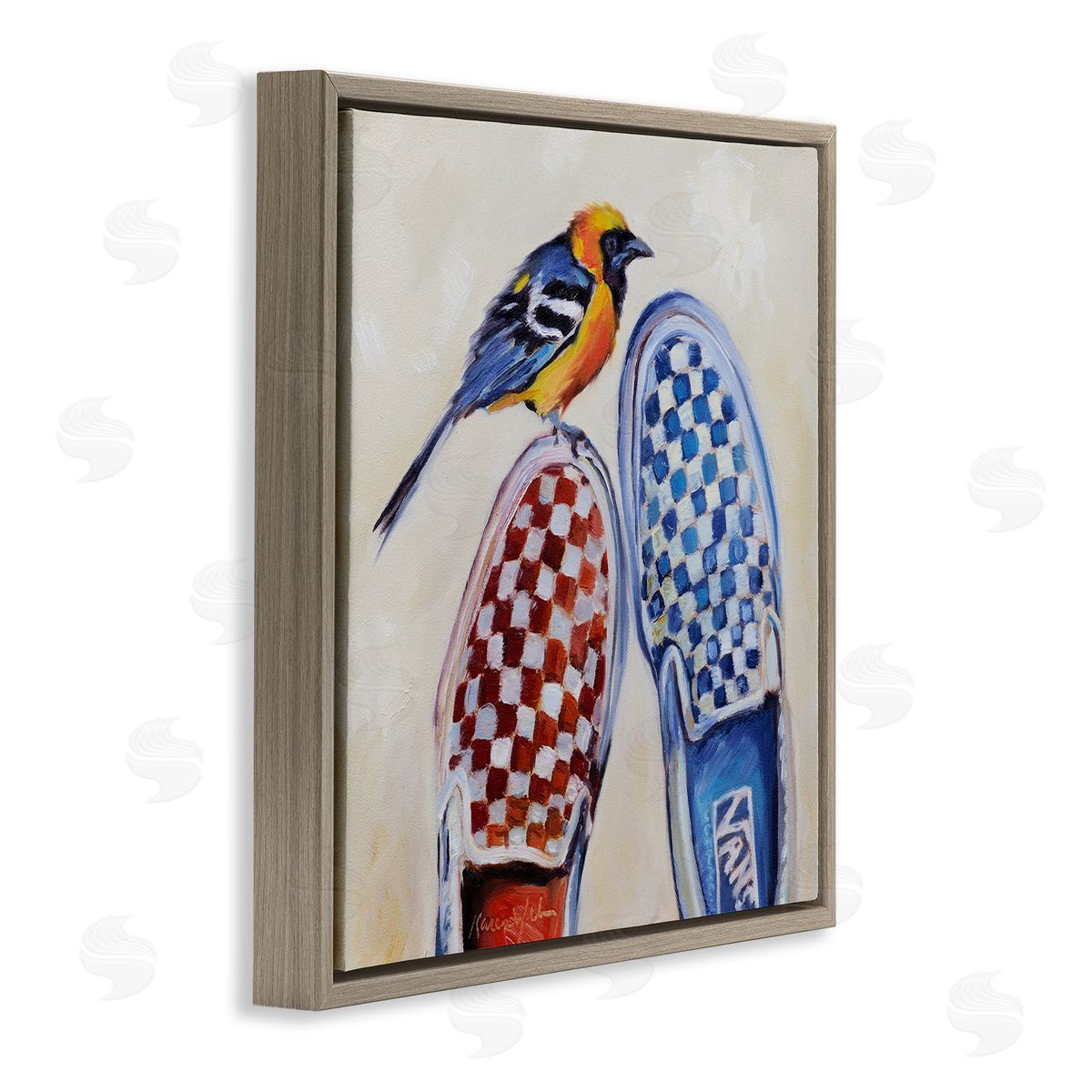 Karen Weber Fine Art Oriole Bird on Vintage Checkered Sneakers Brown Floater Frame Canvas Art