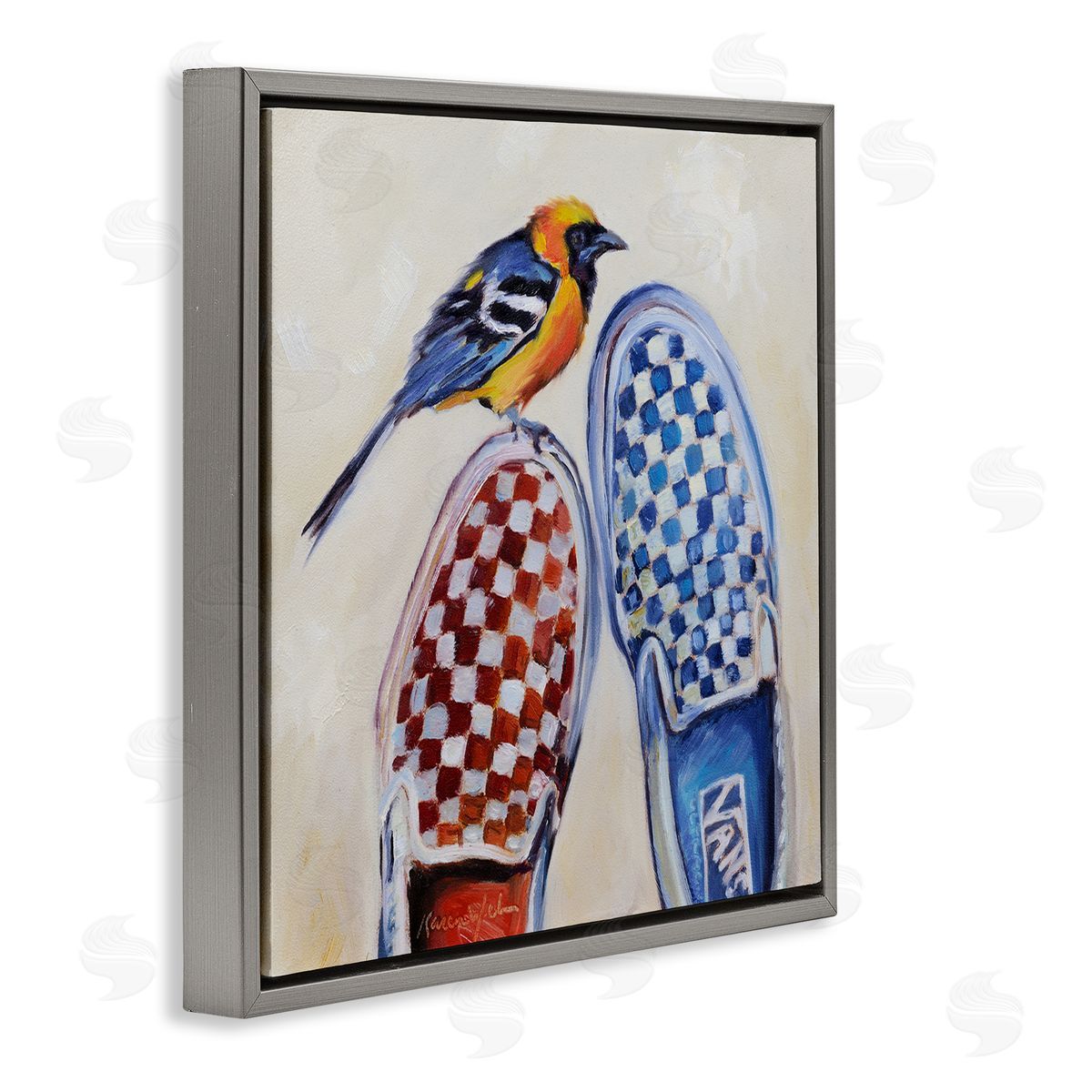 Karen Weber Fine Art Oriole Bird on Vintage Checkered Sneakers Gray Floater Frame Canvas Art