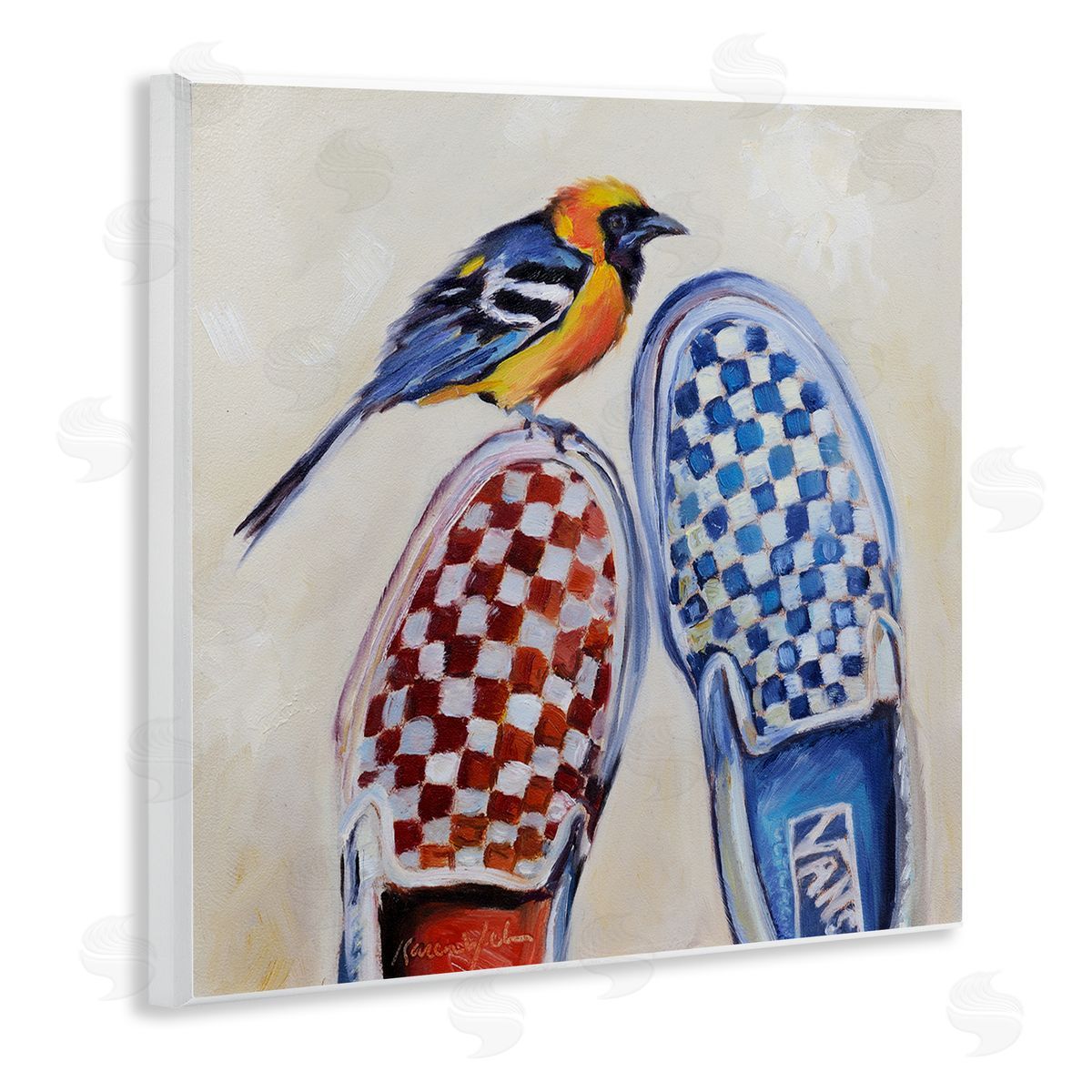 Karen Weber Fine Art Oriole Bird on Vintage Checkered Sneakers Wall Plaque Art