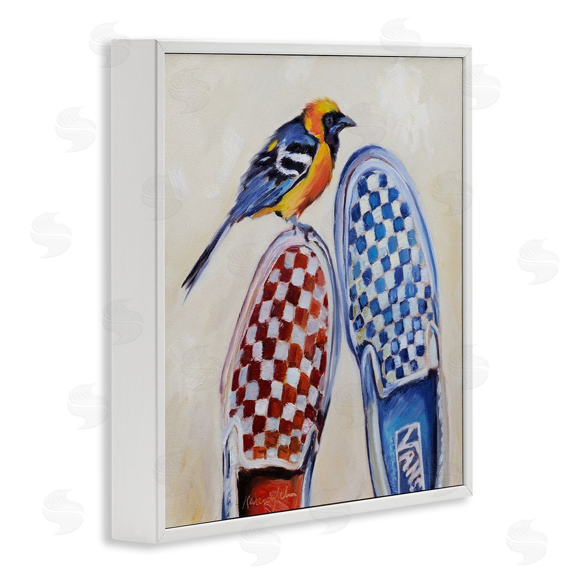 Karen Weber Fine Art Oriole Bird on Vintage Checkered Sneakers White Framed Giclee Wall Art