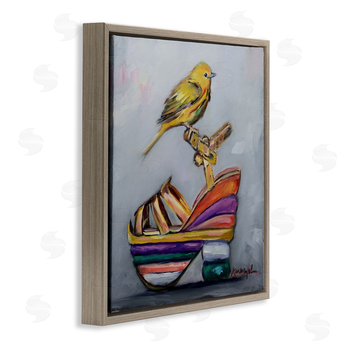 Karen Weber Fine Art Multi-Color Shoe with Yellow Warbler Brown Floater Frame Canvas Art