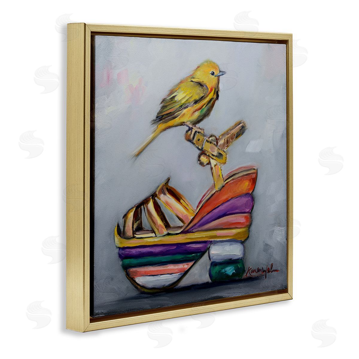 Karen Weber Fine Art Multi-Color Shoe with Yellow Warbler Gold Floater Frame Canvas Art