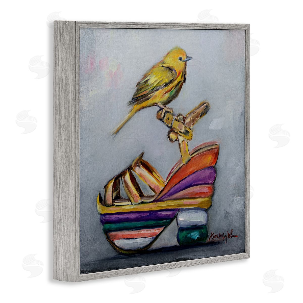 Karen Weber Fine Art Multi-Color Shoe with Yellow Warbler Gray Framed Giclee Wall Art