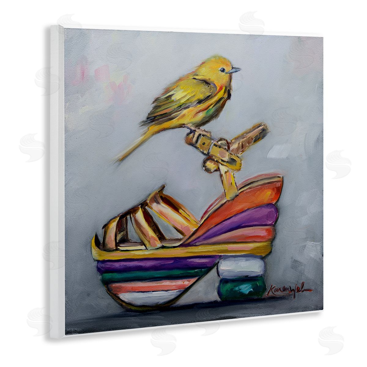 Karen Weber Fine Art Multi-Color Shoe with Yellow Warbler Wall Plaque Art