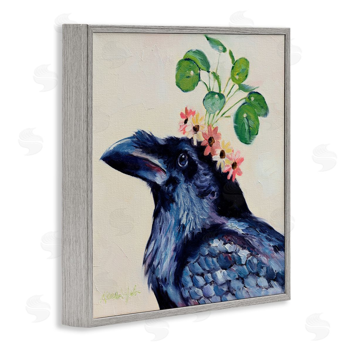 Karen Weber Fine Art Black Crow with Floral Crown Gray Framed Giclee Wall Art