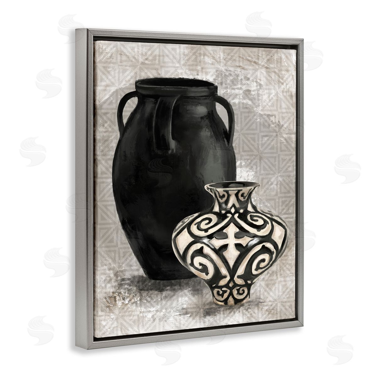 Stupell Studio Ornate Ceramics over Grey Pattern Gray Floater Frame Canvas Art