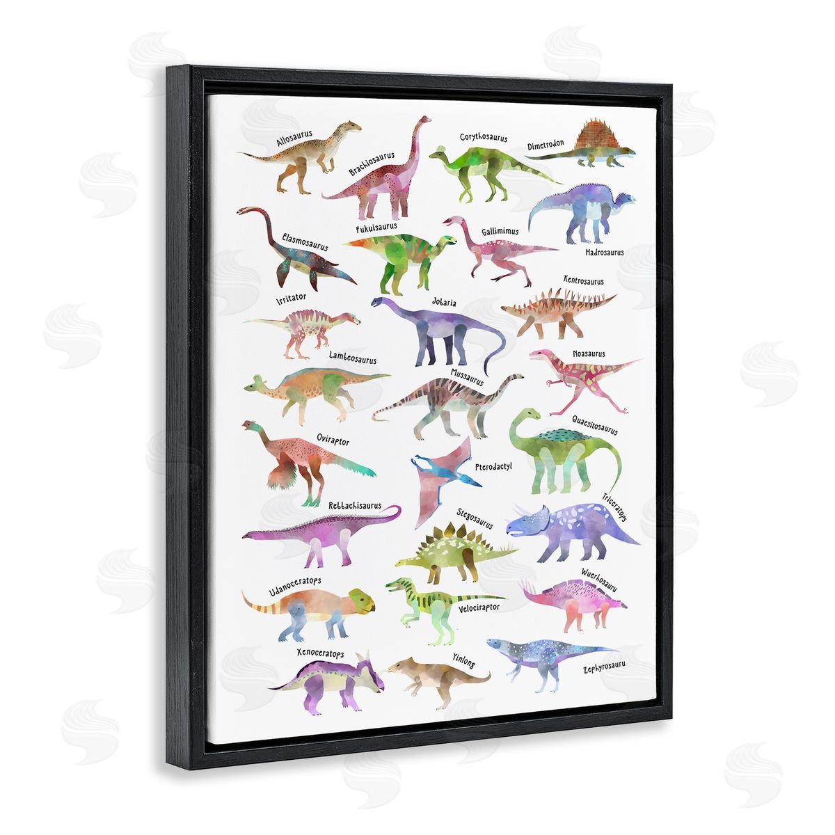 Ziwei Li Watercolor Dinosaur Chart Whimsical Reptiles Black Floater Frame Canvas Art