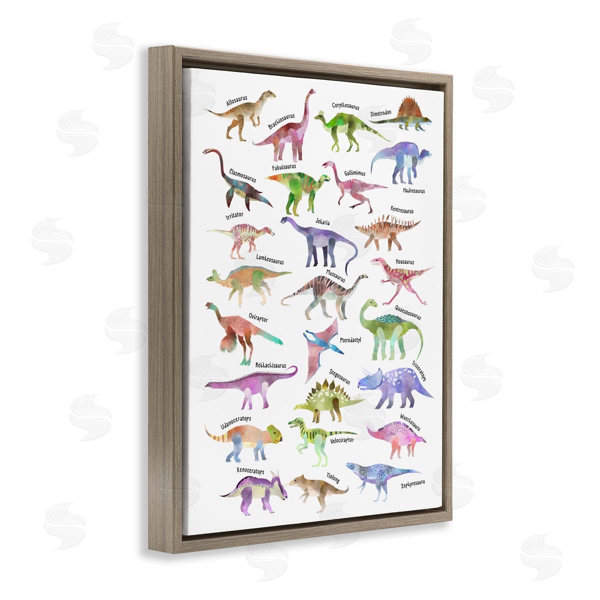 Ziwei Li Watercolor Dinosaur Chart Whimsical Reptiles Brown Floater Frame Canvas Art