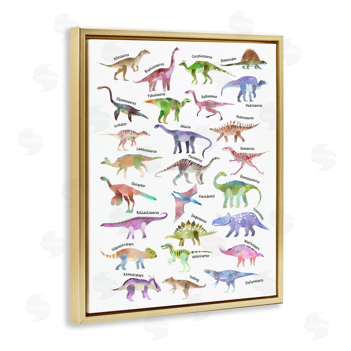 Ziwei Li Watercolor Dinosaur Chart Whimsical Reptiles Gold Floater Frame Canvas Art