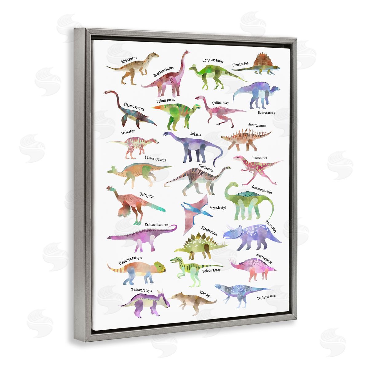 Ziwei Li Watercolor Dinosaur Chart Whimsical Reptiles Gray Floater Frame Canvas Art