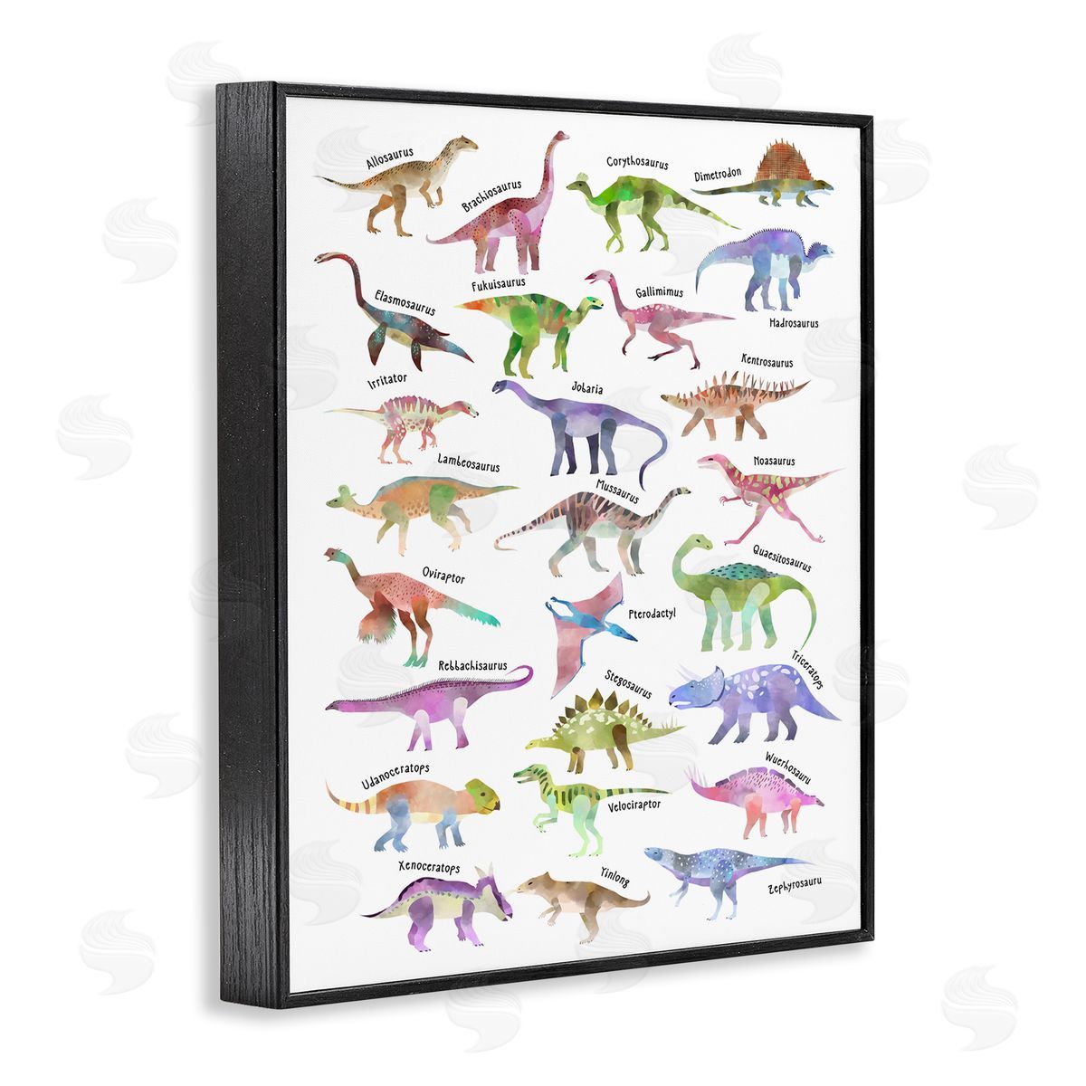 Ziwei Li Watercolor Dinosaur Chart Whimsical Reptiles Black Framed Giclee Wall Art