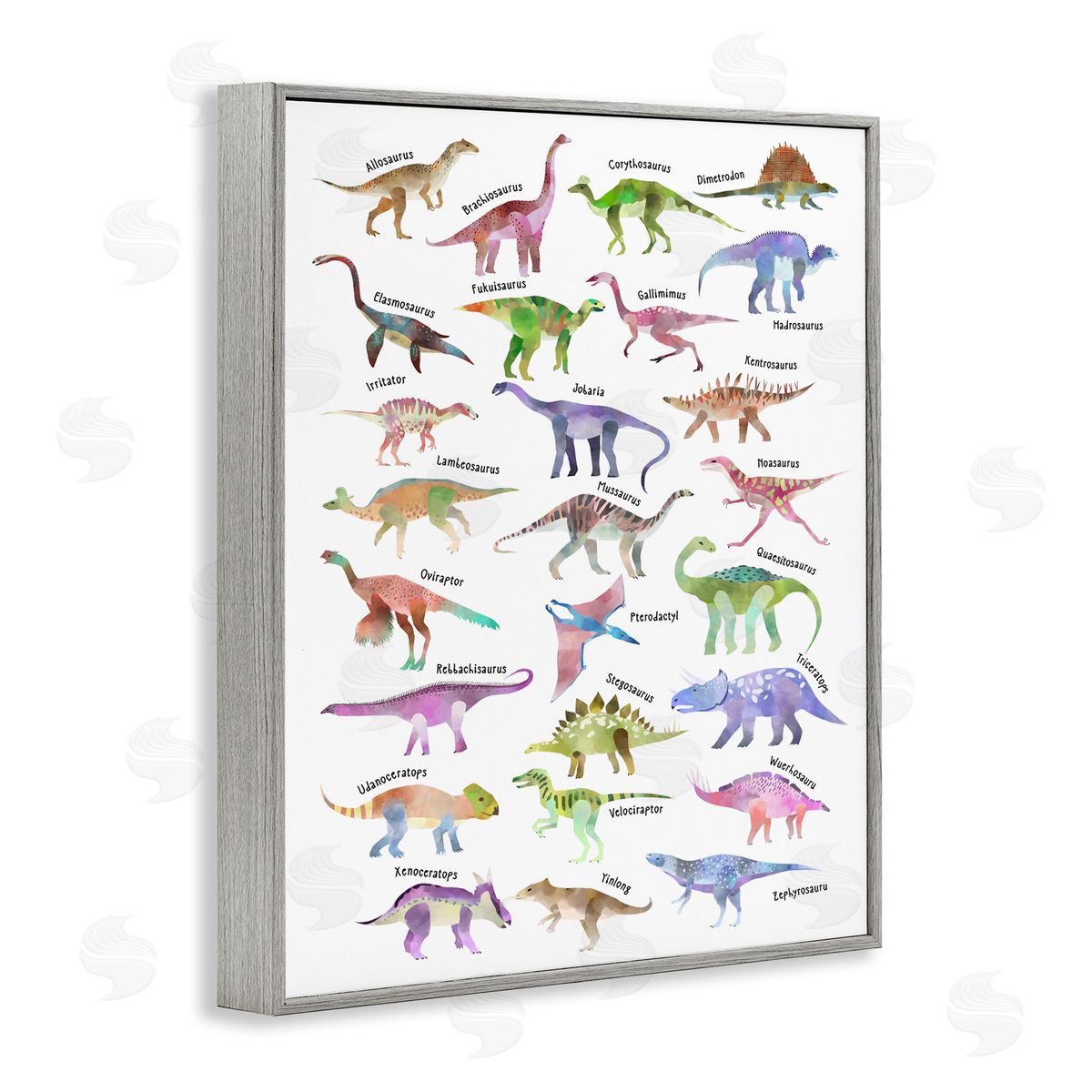 Ziwei Li Watercolor Dinosaur Chart Whimsical Reptiles Gray Framed Giclee Wall Art